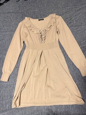 Miss Sixty Camel-Beige Ruffle-Trim Long Sleeve Dress